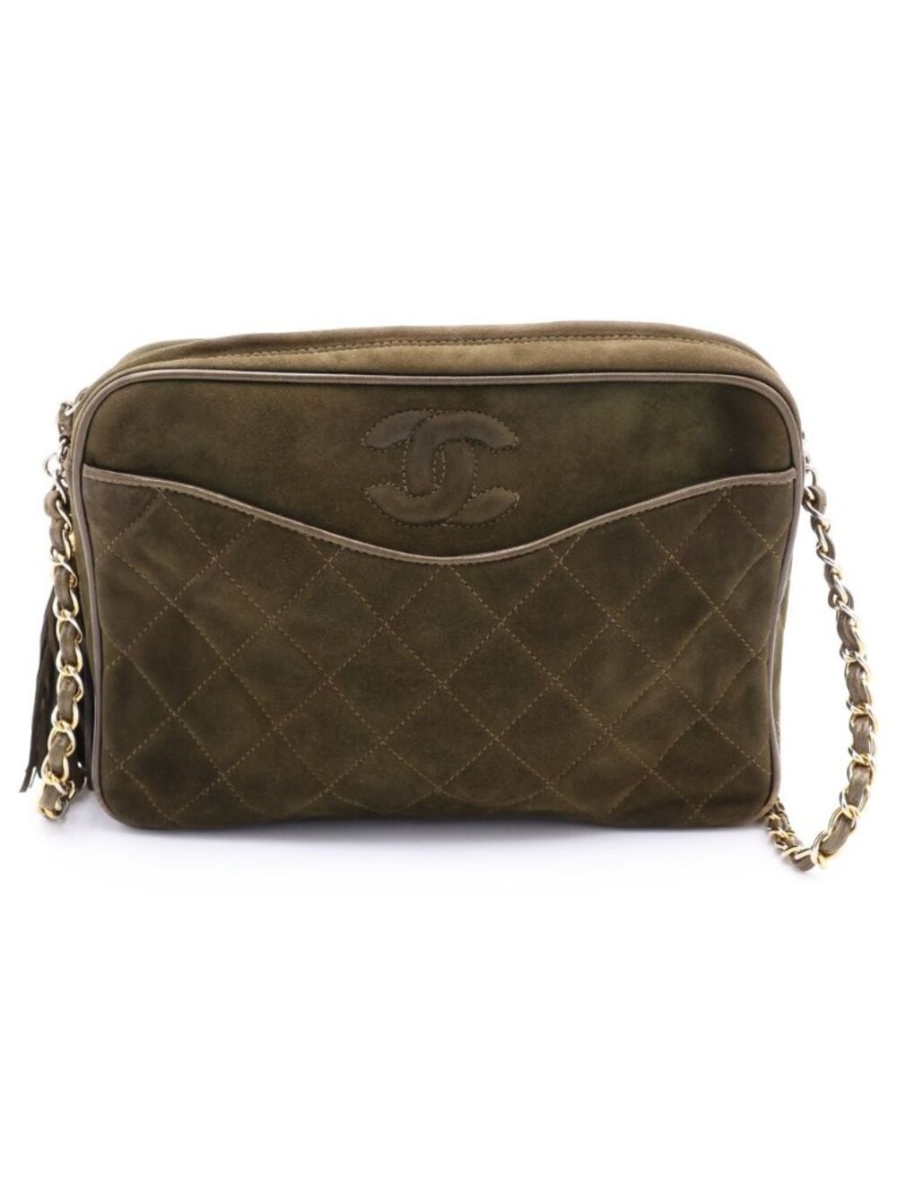 Chanel Quilted CC Logo Suede Fringe Tassel Chain Shoulder Bag Green